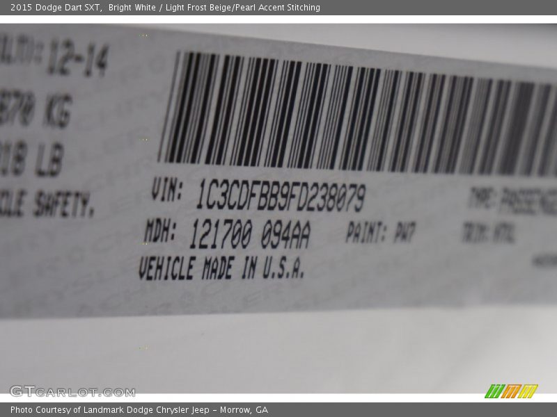 Bright White / Light Frost Beige/Pearl Accent Stitching 2015 Dodge Dart SXT