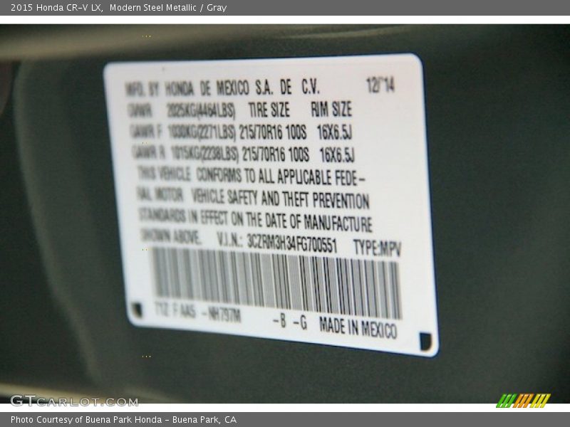 Modern Steel Metallic / Gray 2015 Honda CR-V LX