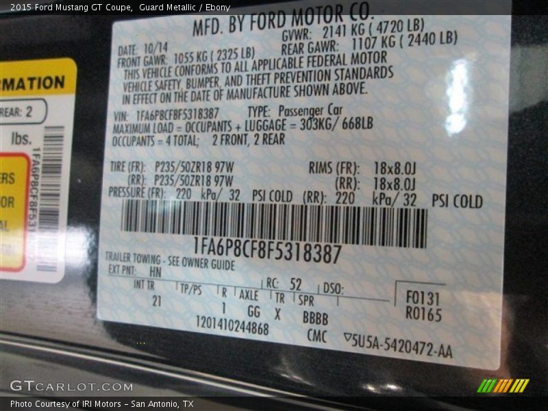 2015 Mustang GT Coupe Guard Metallic Color Code HN