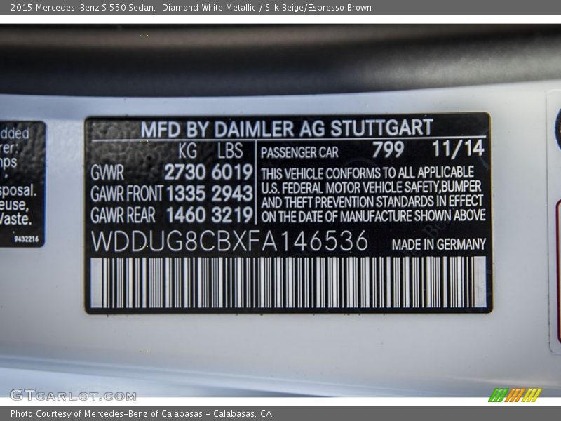 Diamond White Metallic / Silk Beige/Espresso Brown 2015 Mercedes-Benz S 550 Sedan