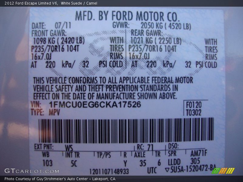 White Suede / Camel 2012 Ford Escape Limited V6