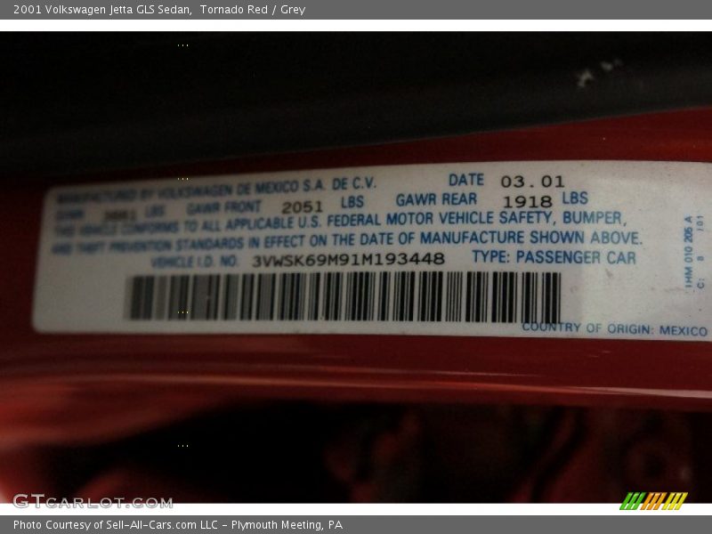 Tornado Red / Grey 2001 Volkswagen Jetta GLS Sedan