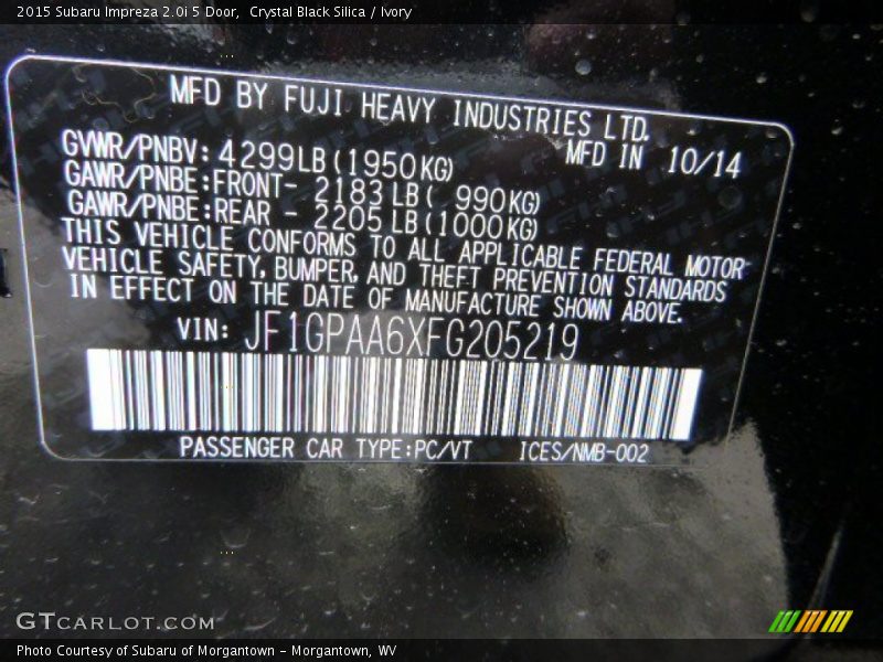 Crystal Black Silica / Ivory 2015 Subaru Impreza 2.0i 5 Door