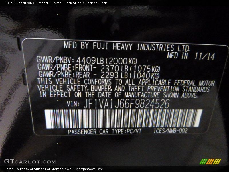 Crystal Black Silica / Carbon Black 2015 Subaru WRX Limited