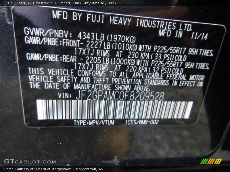 Dark Gray Metallic / Black 2015 Subaru XV Crosstrek 2.0i Limited