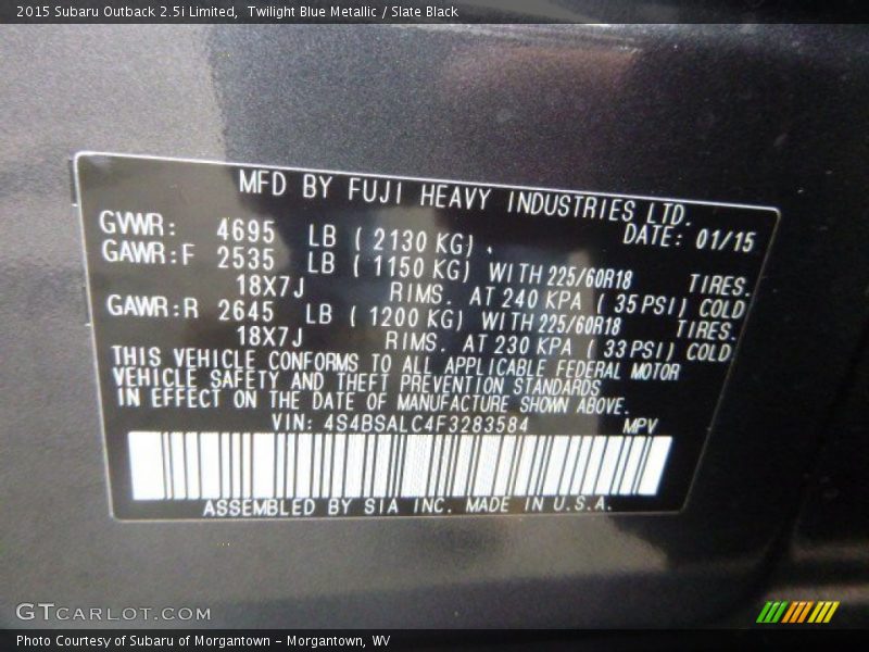 Twilight Blue Metallic / Slate Black 2015 Subaru Outback 2.5i Limited