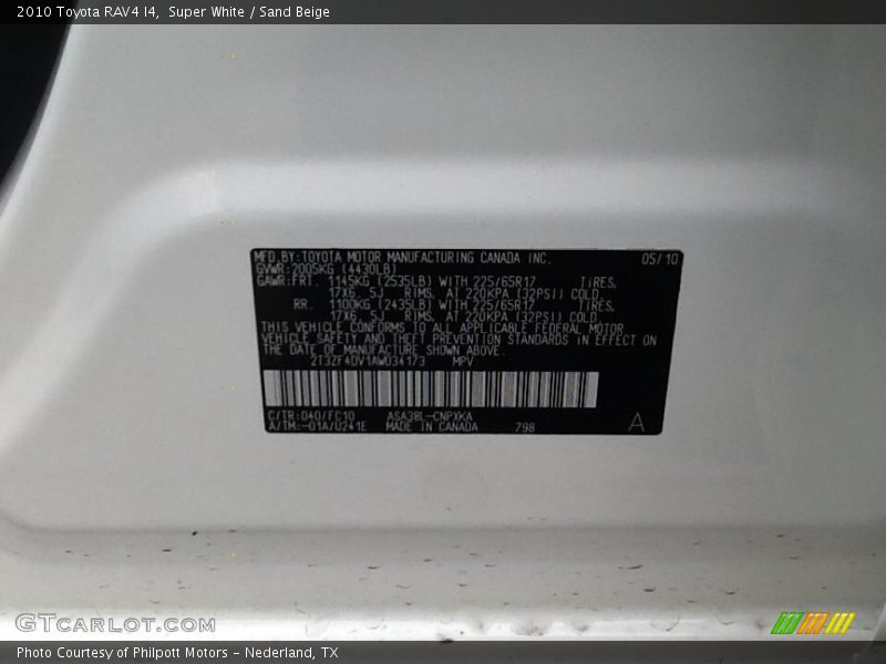 Super White / Sand Beige 2010 Toyota RAV4 I4