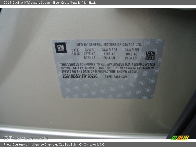 Info Tag of 2015 XTS Luxury Sedan