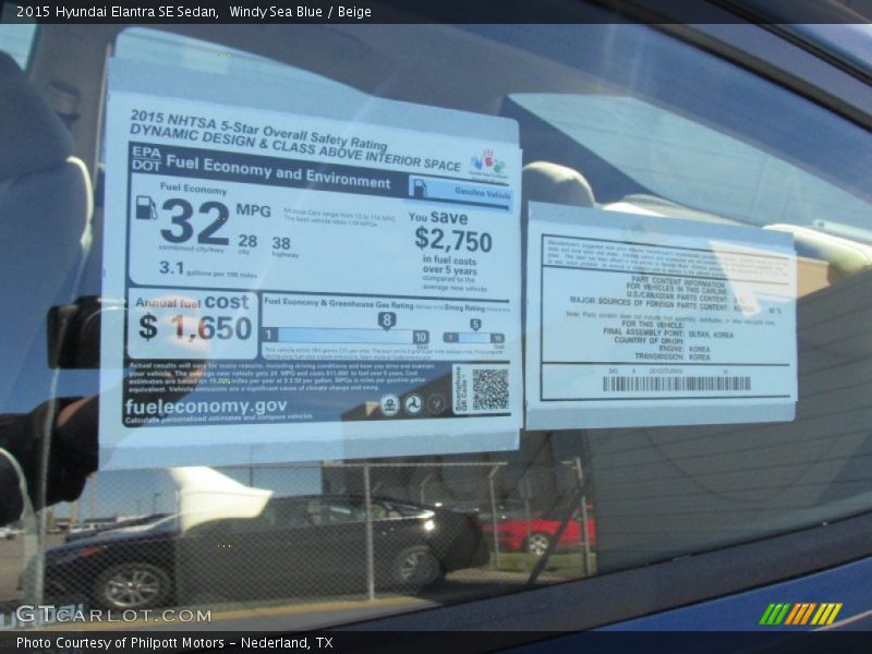 Windy Sea Blue / Beige 2015 Hyundai Elantra SE Sedan