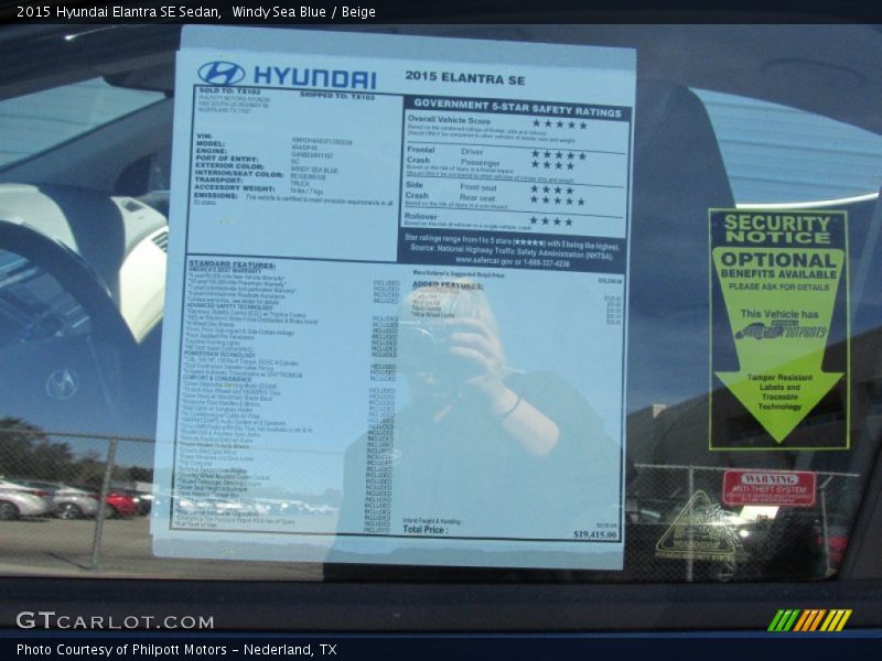 Windy Sea Blue / Beige 2015 Hyundai Elantra SE Sedan
