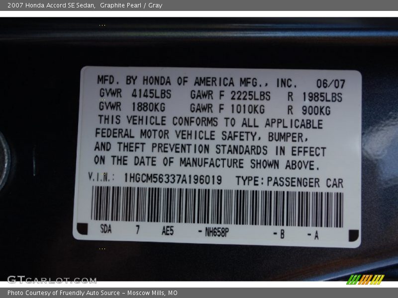 Graphite Pearl / Gray 2007 Honda Accord SE Sedan