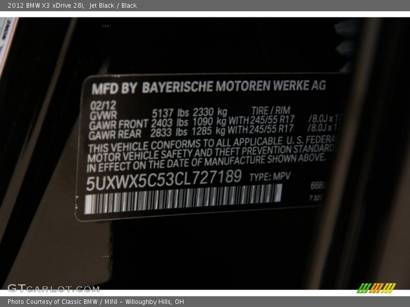 Jet Black / Black 2012 BMW X3 xDrive 28i