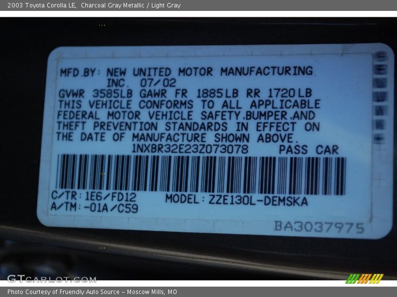 Charcoal Gray Metallic / Light Gray 2003 Toyota Corolla LE