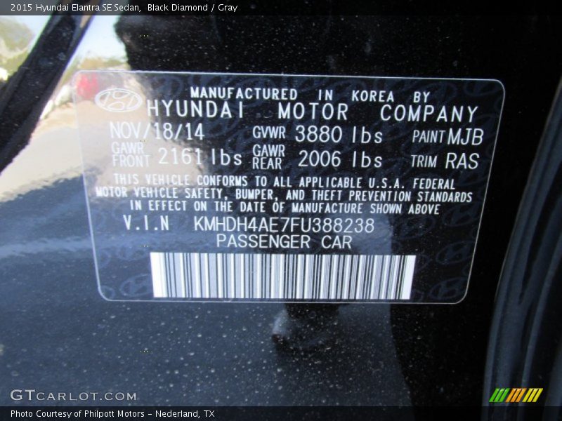 Black Diamond / Gray 2015 Hyundai Elantra SE Sedan