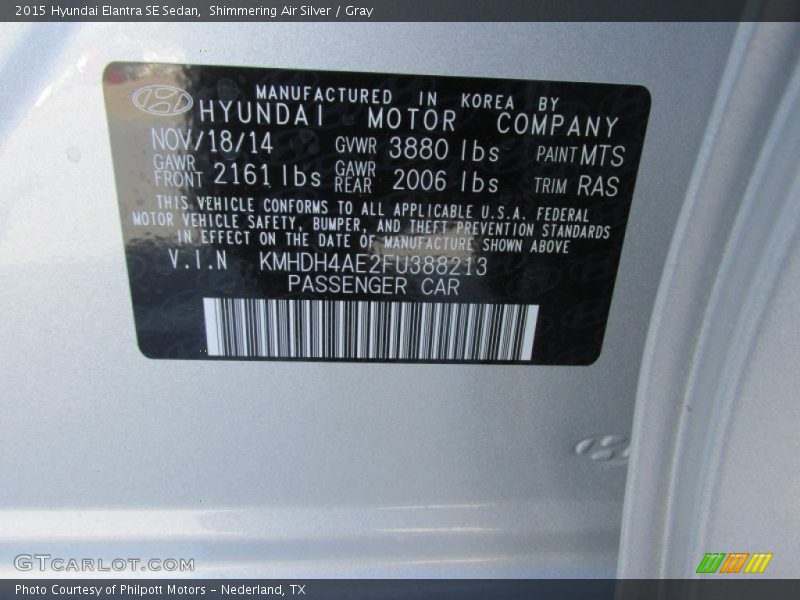 Shimmering Air Silver / Gray 2015 Hyundai Elantra SE Sedan