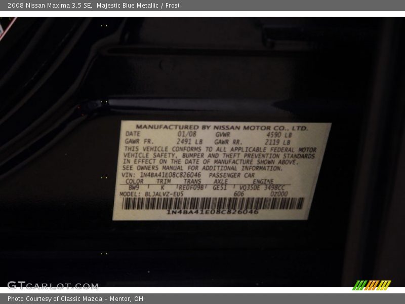 Majestic Blue Metallic / Frost 2008 Nissan Maxima 3.5 SE