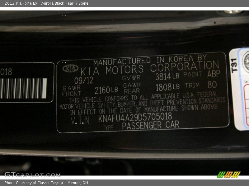 Aurora Black Pearl / Stone 2013 Kia Forte EX