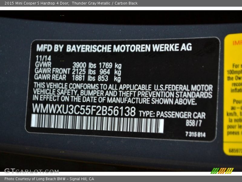 Thunder Gray Metallic / Carbon Black 2015 Mini Cooper S Hardtop 4 Door