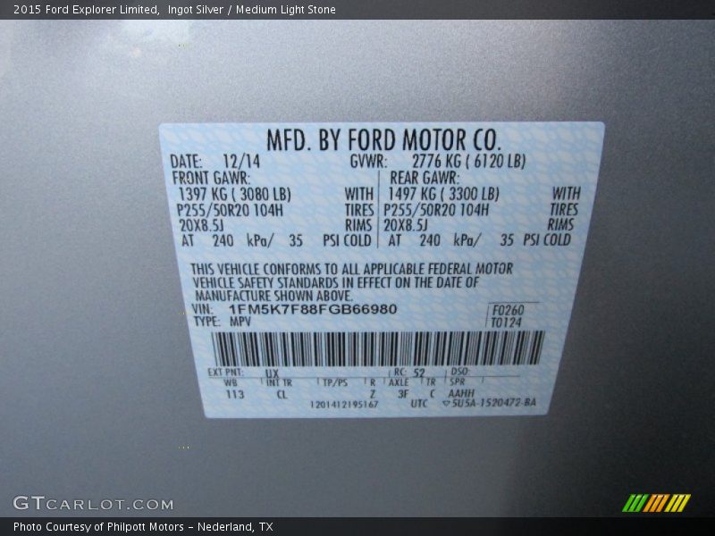 Ingot Silver / Medium Light Stone 2015 Ford Explorer Limited