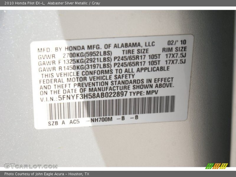 Alabaster Silver Metallic / Gray 2010 Honda Pilot EX-L