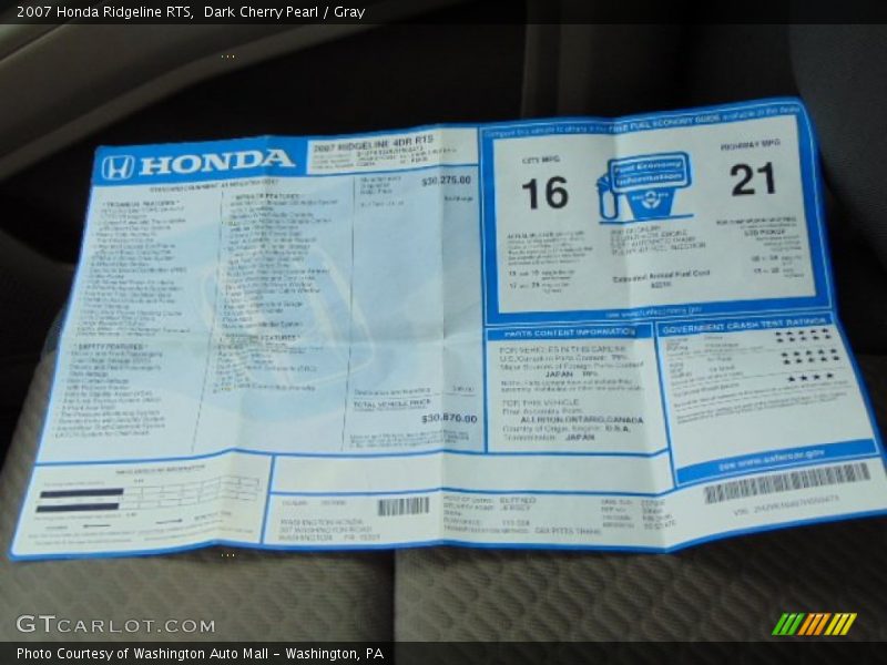 Dark Cherry Pearl / Gray 2007 Honda Ridgeline RTS