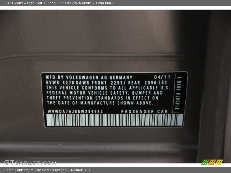 United Gray Metallic / Titan Black 2011 Volkswagen Golf 4 Door