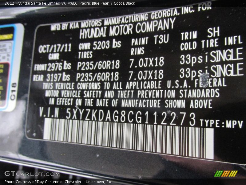 Pacific Blue Pearl / Cocoa Black 2012 Hyundai Santa Fe Limited V6 AWD