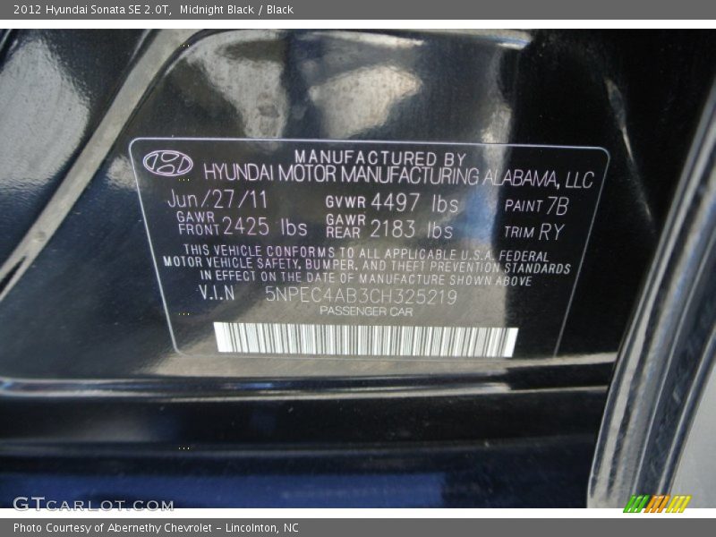Midnight Black / Black 2012 Hyundai Sonata SE 2.0T