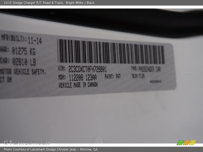 2015 Charger R/T Road & Track Bright White Color Code PW7