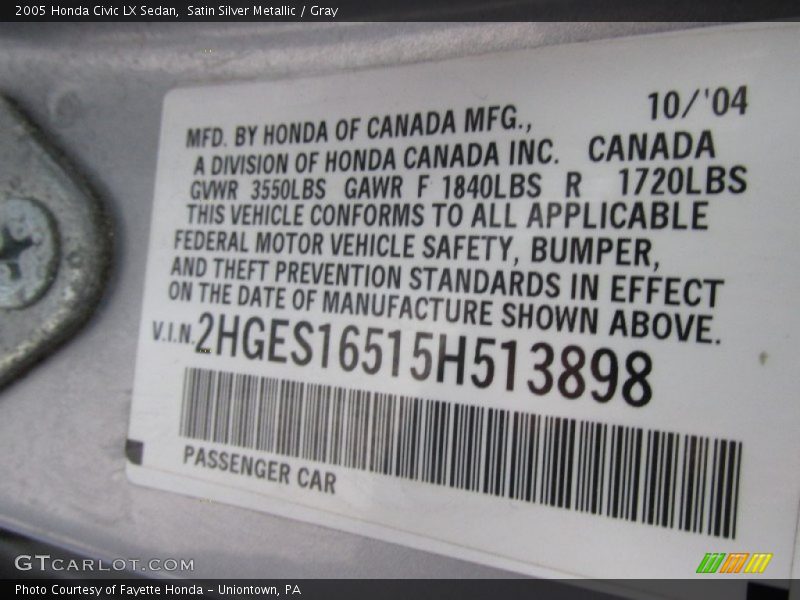 Satin Silver Metallic / Gray 2005 Honda Civic LX Sedan