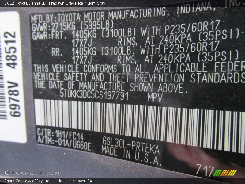 Predawn Gray Mica / Light Gray 2012 Toyota Sienna LE