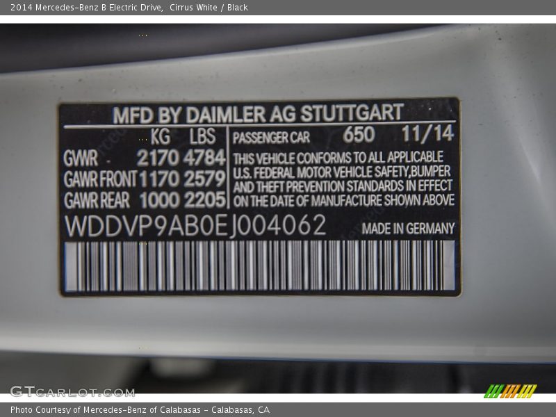 Cirrus White / Black 2014 Mercedes-Benz B Electric Drive