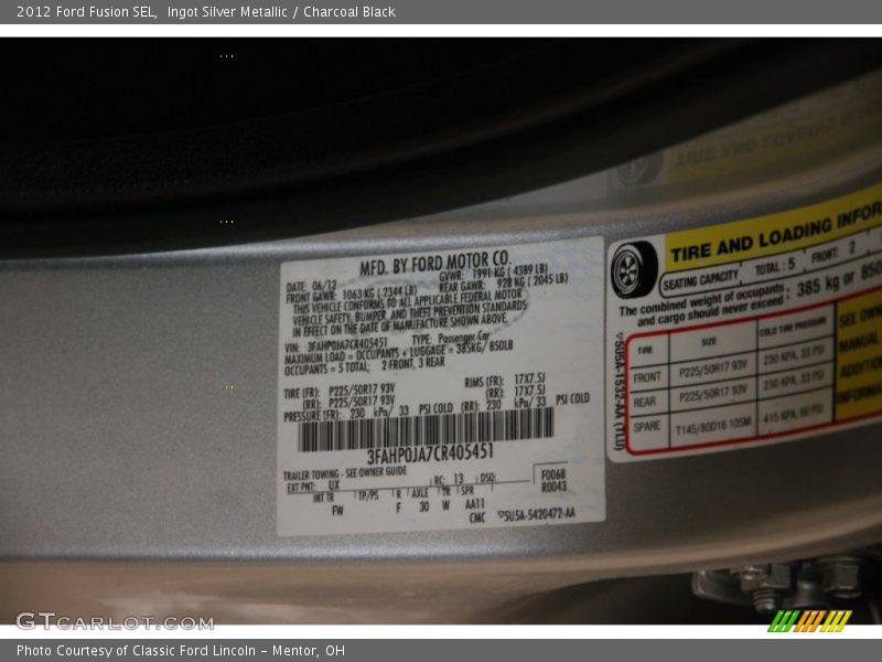 Ingot Silver Metallic / Charcoal Black 2012 Ford Fusion SEL