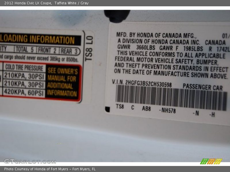 Taffeta White / Gray 2012 Honda Civic LX Coupe