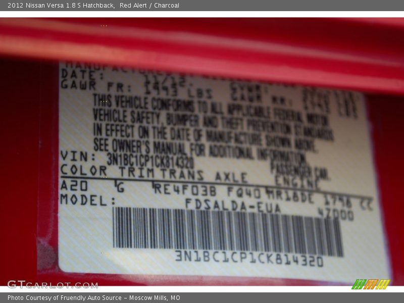 Red Alert / Charcoal 2012 Nissan Versa 1.8 S Hatchback