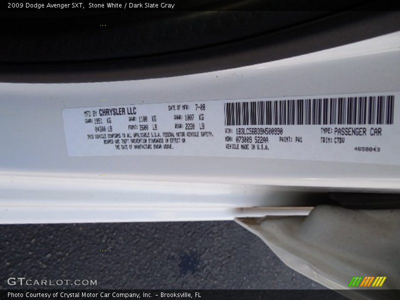 Stone White / Dark Slate Gray 2009 Dodge Avenger SXT
