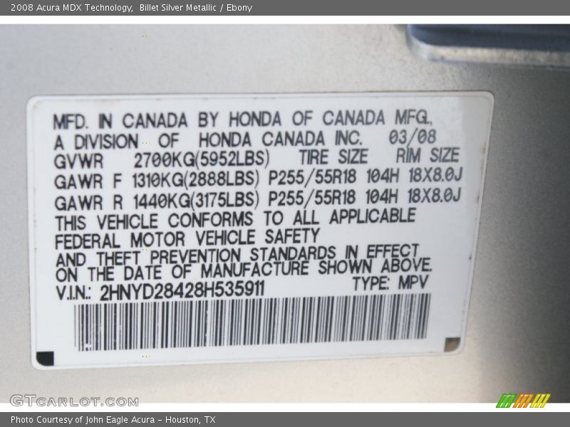 Billet Silver Metallic / Ebony 2008 Acura MDX Technology