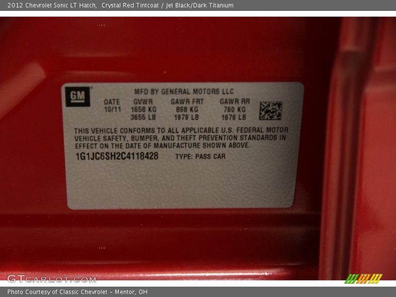 Crystal Red Tintcoat / Jet Black/Dark Titanium 2012 Chevrolet Sonic LT Hatch