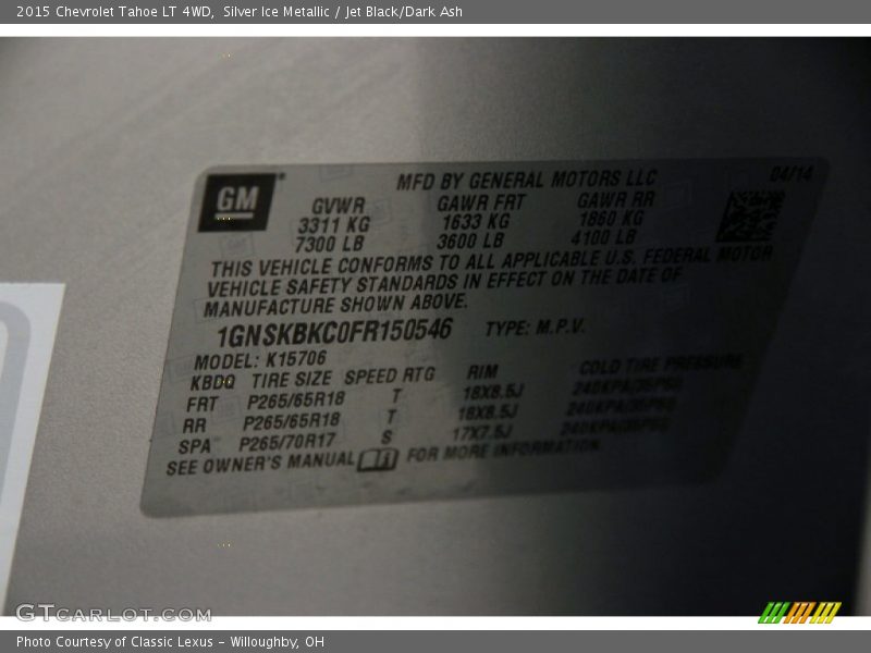 Silver Ice Metallic / Jet Black/Dark Ash 2015 Chevrolet Tahoe LT 4WD