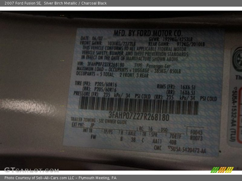 Silver Birch Metallic / Charcoal Black 2007 Ford Fusion SE