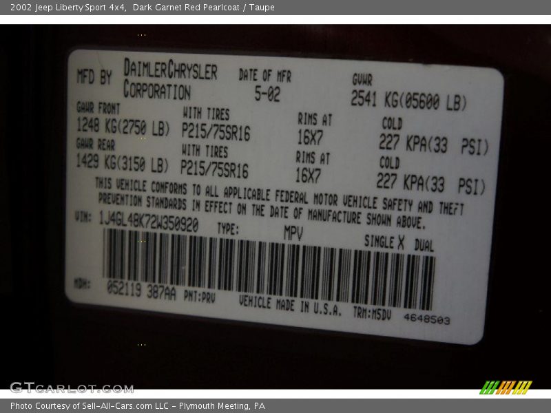 2002 Liberty Sport 4x4 Dark Garnet Red Pearlcoat Color Code PRV