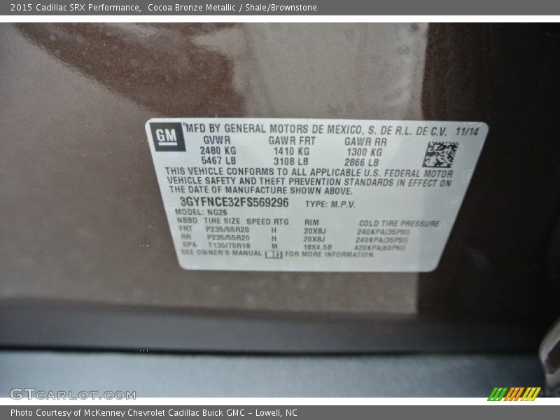 Cocoa Bronze Metallic / Shale/Brownstone 2015 Cadillac SRX Performance