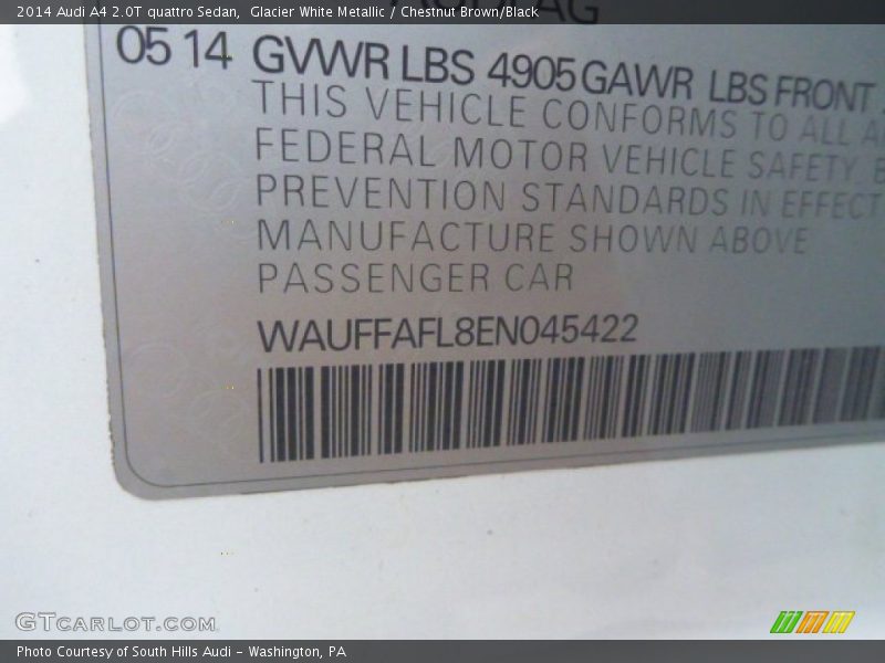 Glacier White Metallic / Chestnut Brown/Black 2014 Audi A4 2.0T quattro Sedan