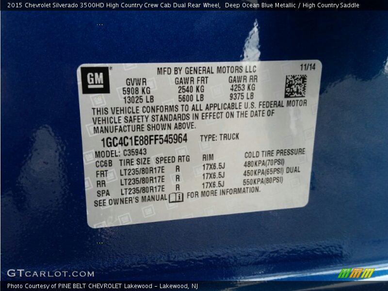 Info Tag of 2015 Silverado 3500HD High Country Crew Cab Dual Rear Wheel
