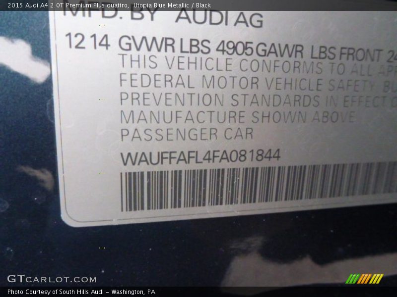 Utopia Blue Metallic / Black 2015 Audi A4 2.0T Premium Plus quattro