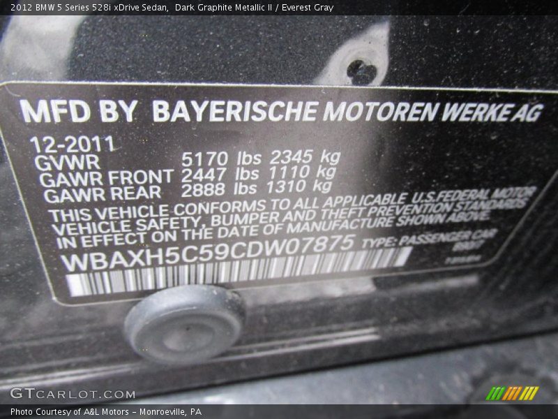 Dark Graphite Metallic II / Everest Gray 2012 BMW 5 Series 528i xDrive Sedan