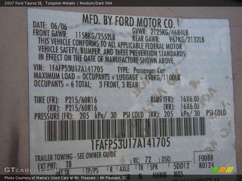 Tungsten Metallic / Medium/Dark Flint 2007 Ford Taurus SE