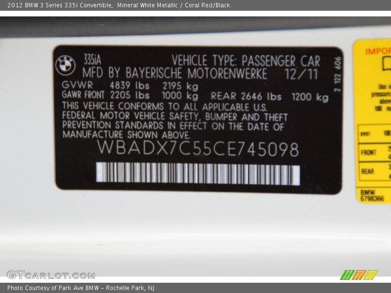 Mineral White Metallic / Coral Red/Black 2012 BMW 3 Series 335i Convertible
