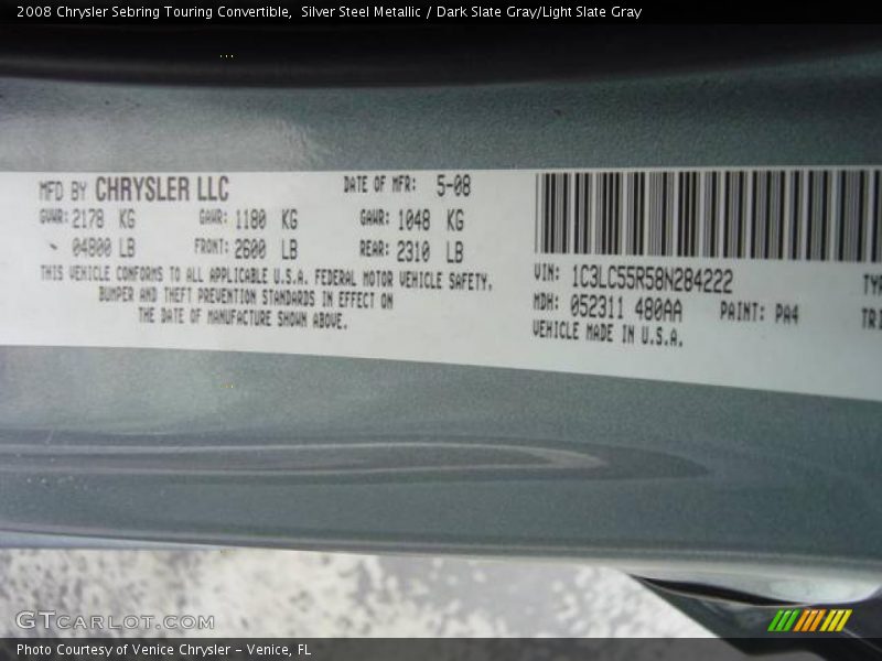Silver Steel Metallic / Dark Slate Gray/Light Slate Gray 2008 Chrysler Sebring Touring Convertible