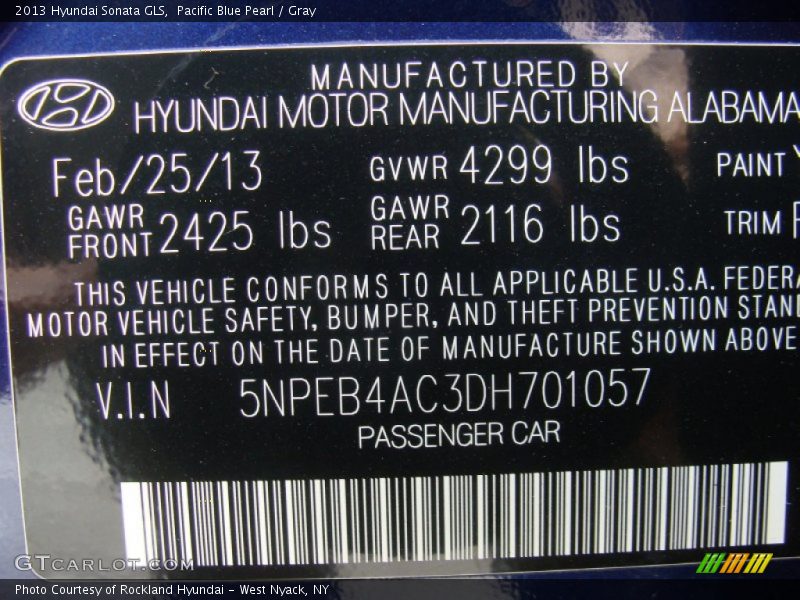 Pacific Blue Pearl / Gray 2013 Hyundai Sonata GLS